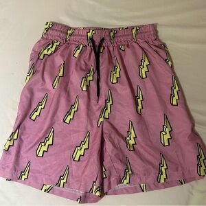 Romwe Men's Pink and Yellow Lighting Bolt Shorts